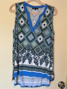 Adrianna Papell Blue Green Printed Sleeveless V-Neck Tunic Top